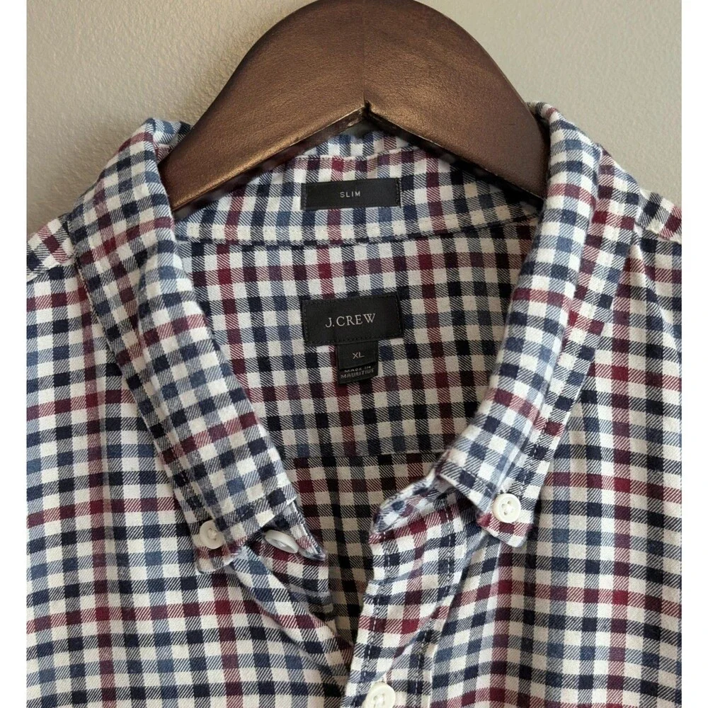J. Crew Mens XL Slim Fit Gingham Flannel Shirt Blue White Check Button Down LS
